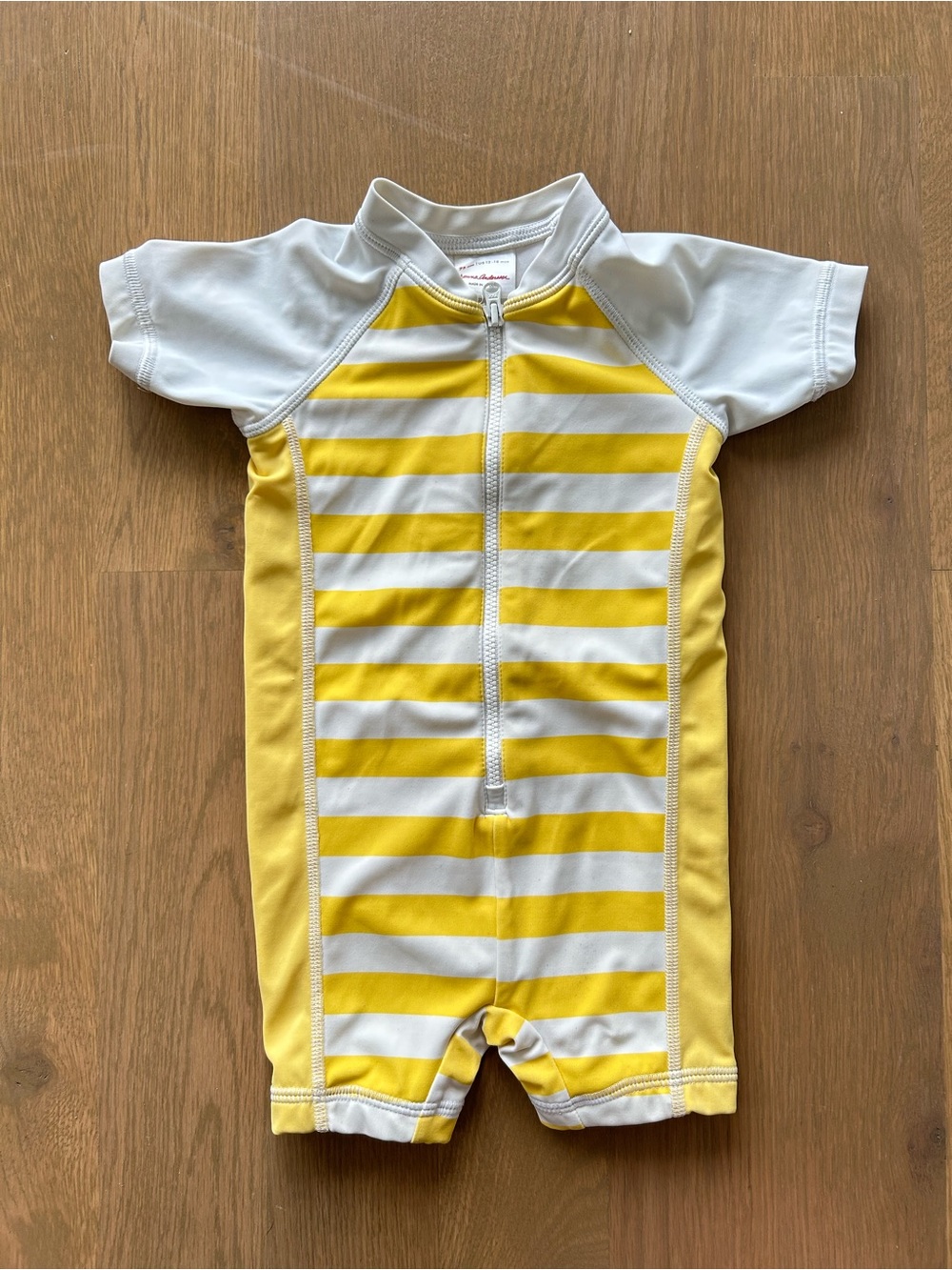 Hanna Andersson Yellow White Striped Rash Guard Swimsuit 12–18 Months